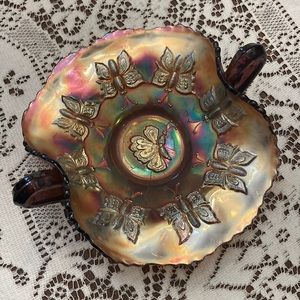 Antique Fenton carnival glass. Butterflies marigold incandescent Bon Bon dish